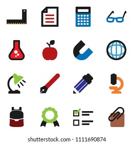 solid vector ixon set - pen vector, pencil, corner ruler, glasses, backpack, apple fruit, table lamp, calculator, medal, magnet, world, document, flask, exam, microscope, attachment