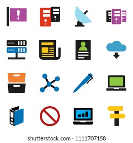 solid vector ixon set - pen vector, notebook pc, archive, personal information, laptop graph, binder, prohibition sign, attention, satellite antenna, newspaper, network, server, cloud download