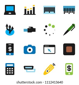 solid vector ixon set - pen vector, notebook pc, barcode, camera, equalizer, remote control, stop button, hdmi, browser, lan connector, loading, route arrow, calculator, tap pay