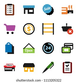 solid vector ixon set - pen vector, dollar coin, cart, credit card, shelving, sale, open, 24 hour, shopping bag, store, mall, basket, list