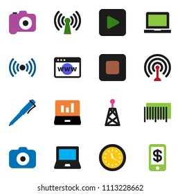 solid vector ixon set - pen vector, notebook pc, laptop graph, clock, camera, antenna, play button, stop, browser, wireless, barcode, tap pay