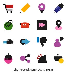 solid vector ixon set - pencil vector, cart, map pin, video camera, speaking man, finger down, forward button, lan connector, share, arrow, attachment, cashbox, basket