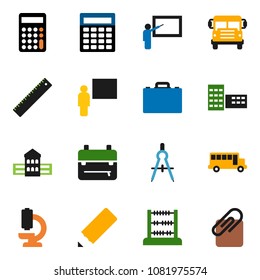 solid vector ixon set - pencil vector, school building, blackboard, ruler, drawing compass, case, backpack, bus, abacus, calculator, microscope, attachment