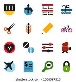 solid vector ixon set - pencil vector, exam, annual report, heart pulse, bike, cereals, pool, route, plane, sea container, cargo search, video camera, scissors, pills, equalizer, lock