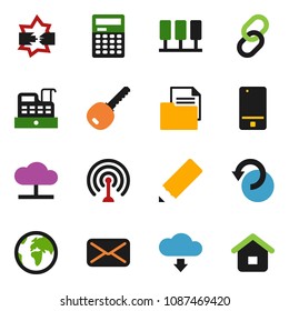 solid vector ixon set - pencil vector, calculator, earth, document, antenna, mobile phone, link, mail, server, disconnection, cloud network, undo, download, key, cashbox, home