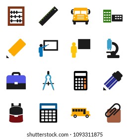 solid vector ixon set - pencil vector, school building, blackboard, ruler, drawing compass, case, backpack, bus, abacus, calculator, microscope, attachment