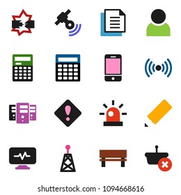 solid vector ixon set - pencil vector, calculator, document, antenna, satellitie, mobile phone, diagnostic monitor, disconnection, server, bench, user, attention sign, siren, wireless, basket