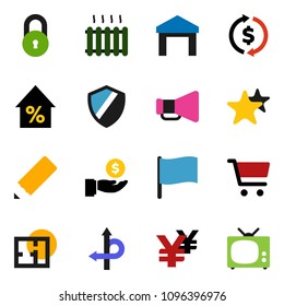 solid vector ixon set - pencil vector, flag, exchange, cart, percent growth, investment, yen sign, route, warehouse, loudspeaker, favorites, shield, lock, plan, heating, tv