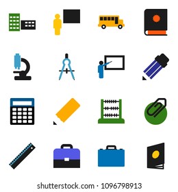 solid vector ixon set - pencil vector, school building, blackboard, ruler, drawing compass, case, bus, abacus, calculator, microscope, attachment, catalog