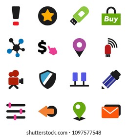 solid vector ixon set - pencil vector, dollar cursor, video camera, social media, favorites, server, equalizer, shield, usb modem, arrow, attention sign, pin, buy, mail