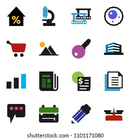 solid vector ixon set - pencil vector, backpack, percent growth, receipt, document, sorting, film frame, newspaper, microscope, ovule, message, mountain, office building, key, cart, store scales