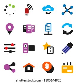 solid vector ixon set - pencil vector, video camera, network, cloud exchange, server, equalizer, usb modem, share, favorites, refresh, loading, document, stop, pin, home, mail
