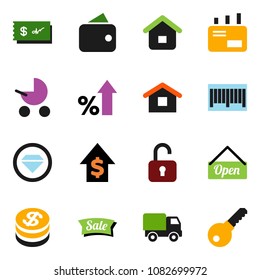 solid vector ixon set - percent growth vector, dollar, coin, wallet, sale, open, barcode, home, delivery, mail, unlock, check, diamond ring, baby stroller, password