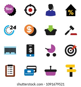 solid vector ixon set - percent growth vector, credit card, dollar coin, new, 24 hour, support, target, barcode, basket, shopping list, auction, tap pay, baby stroller, signpost