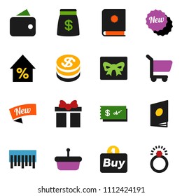 solid vector ixon set - percent growth vector, barcode, gift, dollar coin, wallet, money bag, new, buy, basket, cart, catalog, check, diamond ring