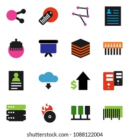 solid vector ixon set - personal information vector, dollar growth, presentation board, barcode, music hit, social media, network, server, big data, hub, lan connector, cloud download