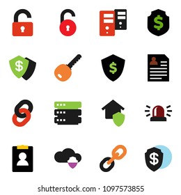 solid vector ixon set - personal information vector, dollar shield, link, cloud, big data, server, chain, unlock, siren, key, home protect