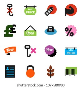 solid vector ixon set - personal information vector, pound, muscule hand, cereals, no hook, weight, barcode, low price signboard, new, open, percent