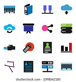 solid vector ixon set - personal information vector, graph, binder, presentation board, barcode, social media, network, server, cloud exchange, big data, lan connector, download