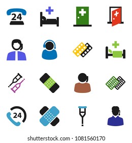 solid vector ixon set - phone 24 vector, support, crutches, patch, pills blister, hospital bed, medical room