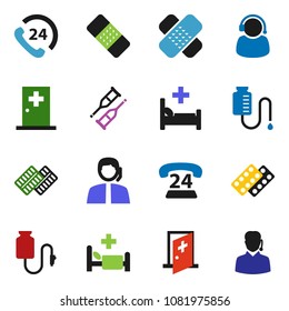 solid vector ixon set - phone 24 vector, support, crutches, patch, pills blister, hospital bed, drop counter, medical room