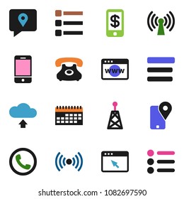solid vector ixon set - phone vector, traking, calendar, antenna, mobile, browser, menu, cloud upload, wireless, tap pay
