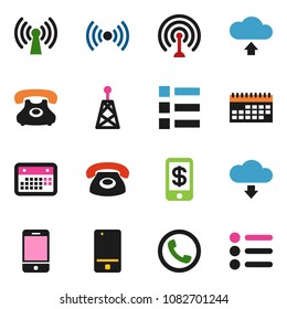 solid vector ixon set - phone vector, calendar, antenna, mobile, cloud upload, download, wireless, tap pay, menu