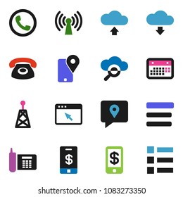 solid vector ixon set - phone vector, traking, calendar, antenna, cloud glass, browser, menu, upload, download, wireless, tap pay