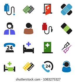 solid vector ixon set - phone 24 vector, support, crutches, patch, pills blister, hospital bed, drop counter, medical room
