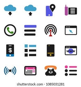 solid vector ixon set - phone vector, traking, calendar, antenna, mobile, browser, menu, cloud upload, download, wireless, tap pay