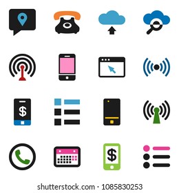 solid vector ixon set - phone vector, traking, calendar, antenna, mobile, cloud glass, browser, upload, wireless, tap pay, menu
