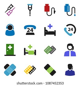 solid vector ixon set - phone 24 vector, support, crutches, patch, pills blister, hospital bed, drop counter, medical room