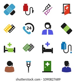 solid vector ixon set - phone 24 vector, support, crutches, patch, pills blister, hospital bed, drop counter, medical room