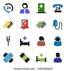 solid vector ixon set - phone 24 vector, support, crutches, patch, pills blister, hospital bed, drop counter, medical room