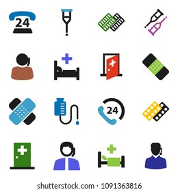 solid vector ixon set - phone 24 vector, support, crutches, patch, pills blister, hospital bed, drop counter, medical room