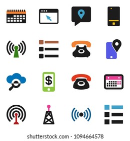 solid vector ixon set - phone vector, traking, calendar, antenna, mobile, cloud glass, browser, menu, wireless, tap pay