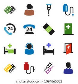 solid vector ixon set - phone 24 vector, support, crutches, patch, pills blister, hospital bed, drop counter, medical room