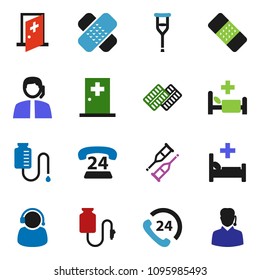 solid vector ixon set - phone 24 vector, support, crutches, patch, pills blister, hospital bed, drop counter, medical room