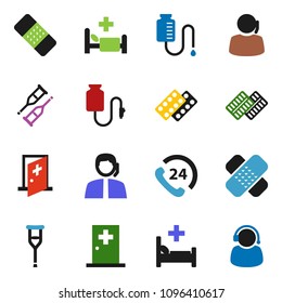 solid vector ixon set - phone 24 vector, support, crutches, patch, pills blister, hospital bed, drop counter, medical room