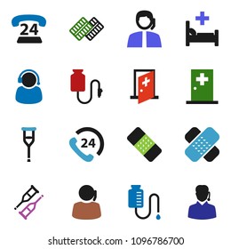 solid vector ixon set - phone 24 vector, support, crutches, patch, pills blister, hospital bed, drop counter, medical room