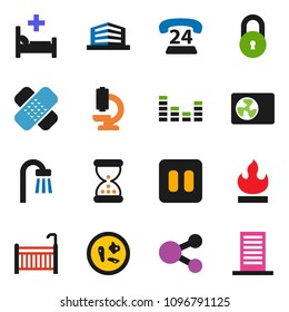 solid vector ixon set - phone 24 vector, flammable, equalizer, pause button, sand clock, patch, microscope, microbs, hospital bed, share, lock, office building, crib, bath, ari condition