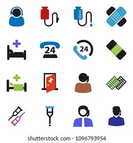 solid vector ixon set - phone 24 vector, support, crutches, patch, pills blister, hospital bed, drop counter, medical room