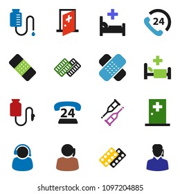 solid vector ixon set - phone 24 vector, support, crutches, patch, pills blister, hospital bed, drop counter, medical room