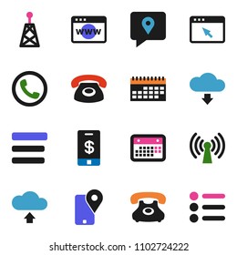solid vector ixon set - phone vector, traking, calendar, antenna, browser, menu, cloud upload, download, wireless, tap pay
