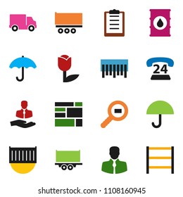 solid vector ixon set - phone 24 vector, client, truck trailer, sea container, delivery, consolidated cargo, clipboard, umbrella, tulip, oil barrel, search, barcode, shelving