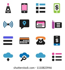 solid vector ixon set - phone vector, traking, calendar, antenna, mobile, cloud glass, menu, upload, download, wireless, tap pay