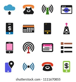 solid vector ixon set - phone vector, traking, calendar, antenna, mobile, browser, menu, cloud upload, wireless, tap pay