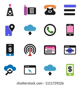 solid vector ixon set - phone vector, traking, calendar, antenna, mobile, cloud glass, browser, menu, upload, download, tap pay