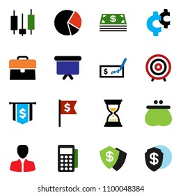 solid vector ixon set - pie graph vector, japanese candle, manager, case, check, target, sand clock, presentation board, dollar flag, cent sign, wallet, cash, card reader, shield