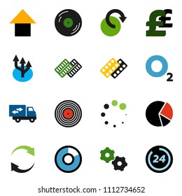 solid vector ixon set - pie graph vector, arrow up, pound, oxygen, disk, pills blister, gear, refresh, redo, loading, route, relocation truck, 24 hour